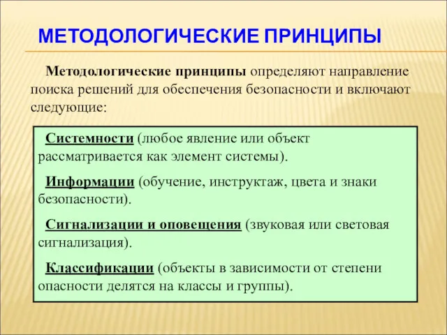 МЕТОДОЛОГИЧЕСКИЕ ПРИНЦИПЫ Методологические принципы определяют направление поиска решений для обеспечения