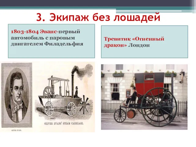 3. Экипаж без лошадей 1803-1804 Эванс-первый автомобиль с паровым двигателем Филадельфия Тревитик «Огненный дракон» Лондон