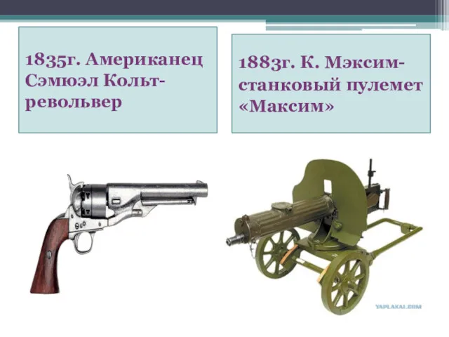 1835г. Американец Сэмюэл Кольт-револьвер 1883г. К. Мэксим- станковый пулемет «Максим»