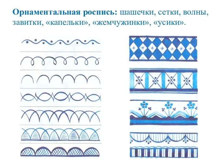 Орнаментальная роспись: шашечки, сетки, волны, завитки, «капельки», «жемчужинки», «усики».