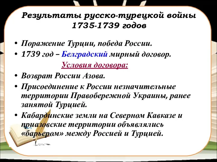 Результаты русско-турецкой войны 1735-1739 годов Поражение Турции, победа России. 1739