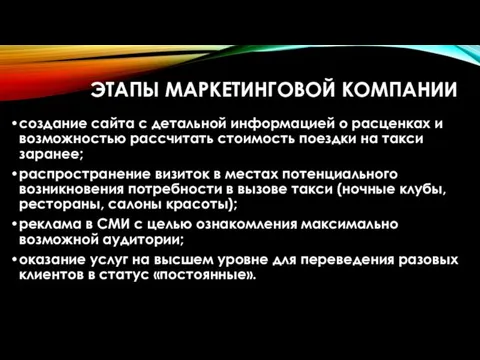 ЭТАПЫ МАРКЕТИНГОВОЙ КОМПАНИИ создание сайта с детальной информацией о расценках