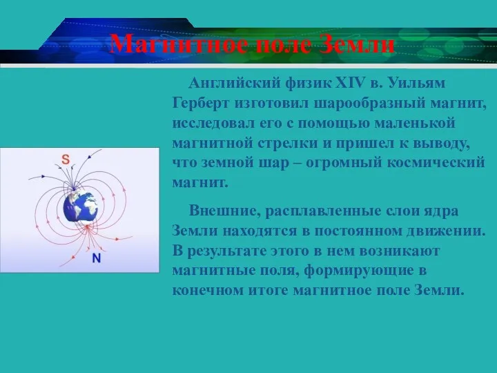 Магнитное поле Земли Английский физик XIV в. Уильям Герберт изготовил