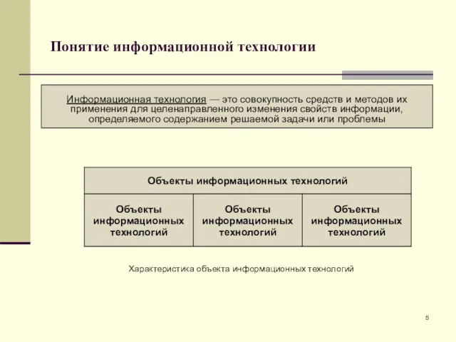 Понятие информационной технологии Информационная технология — это совокупность средств и методов их применения