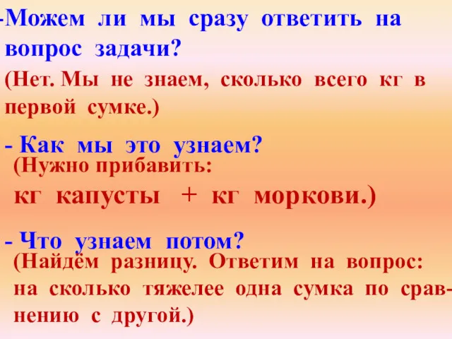 Можем ли мы сразу ответить на вопрос задачи? (Нет. Мы