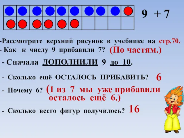 9 + 7 Рассмотрите верхний рисунок в учебнике на стр.70.