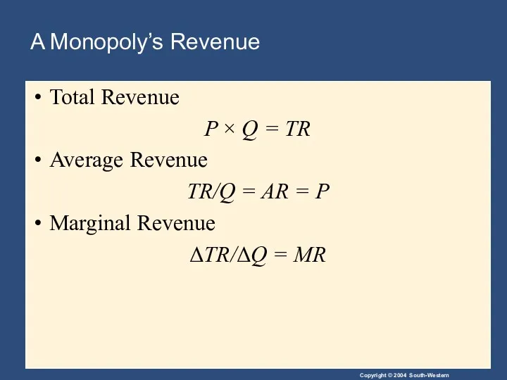 A Monopoly’s Revenue Total Revenue P × Q = TR Average Revenue TR/Q