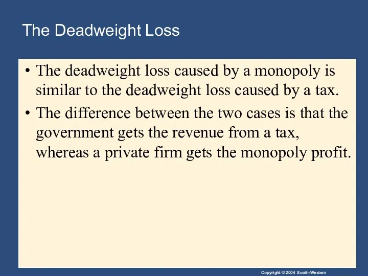The Deadweight Loss The deadweight loss caused by a monopoly is similar to