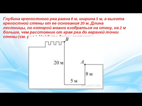 Глубина кре­пост­но­го рва равна 8 м, ши­ри­на 5 м, а