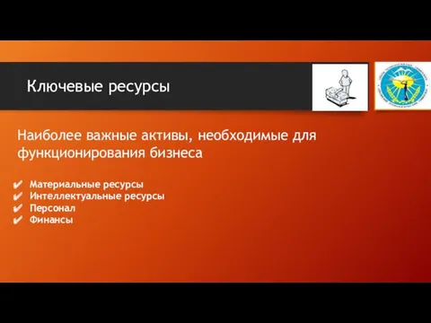 Ключевые ресурсы Наиболее важные активы, необходимые для функционирования бизнеса Материальные ресурсы Интеллектуальные ресурсы Персонал Финансы