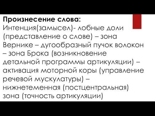 Произнесение слова: Интенция(замысел)- лобные доли (представление о слове) – зона