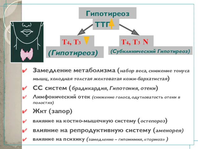 Гипотиреоз ТТГ Т4, Т3 N Т4, Т3 (Гипотиреоз) (Субклинический Гипотиреоз) Замедление метаболизма (набор