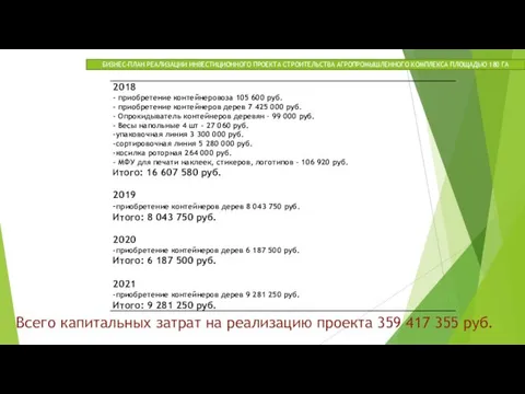 Всего капитальных затрат на реализацию проекта 359 417 355 руб.