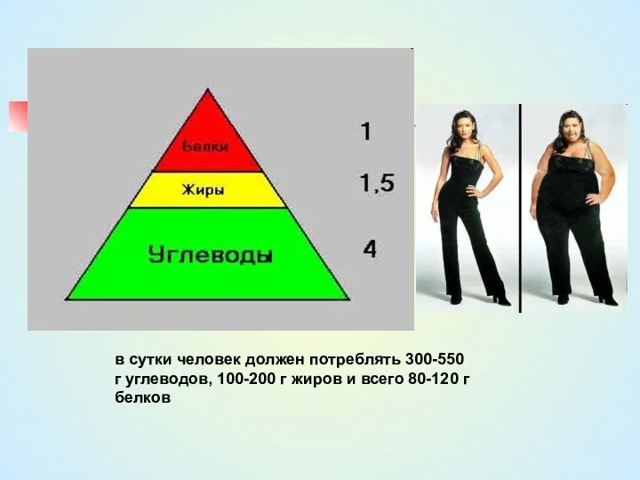 в сутки человек должен потреблять 300-550 г углеводов, 100-200 г жиров и всего 80-120 г белков