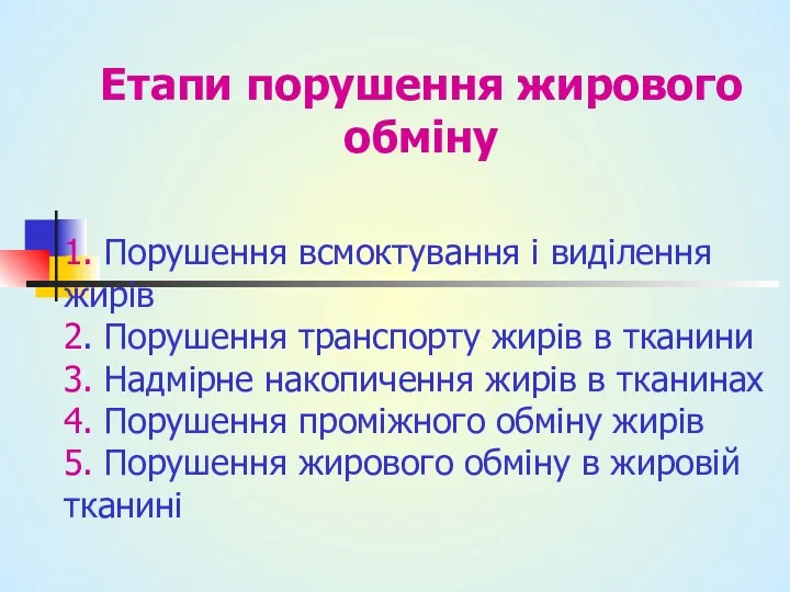 Етапи порушення жирового обміну 1. Порушення всмоктування і виділення жирів