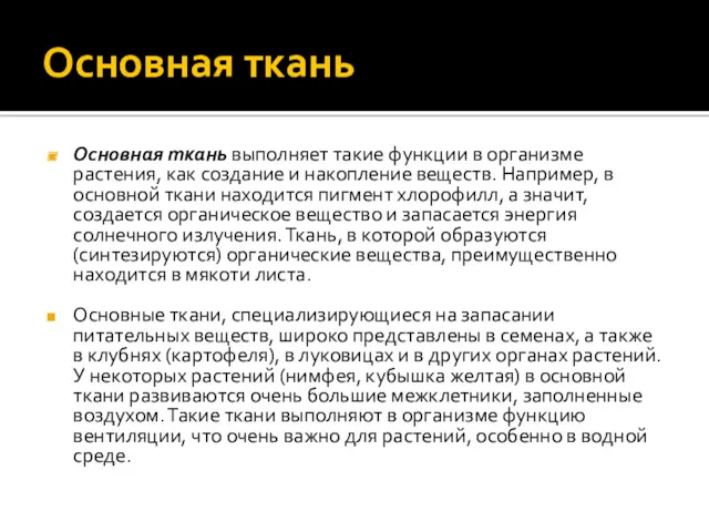 Основная ткань Основная ткань выполняет такие функции в организме растения, как создание и