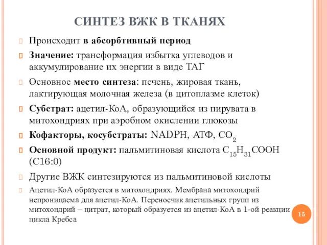 СИНТЕЗ ВЖК В ТКАНЯХ Происходит в абсорбтивный период Значение: трансформация