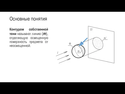 Основные понятия Контуром собственной тени называют линию (m), отделяющую освещенную поверхность предмета от неосвещенной.