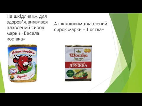 Не шкідливим для здоров’я,виявився плавлений сирок марки «Весела корівка» А шкідливим,плавлений сирок марки «Шостка»