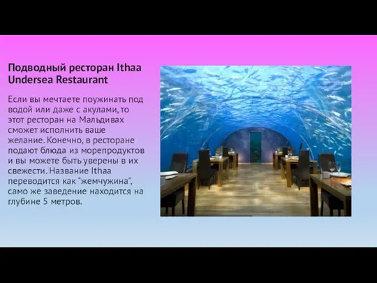 Подводный ресторан Ithaa Undersea Restaurant Если вы мечтаете поужинать под водой или даже