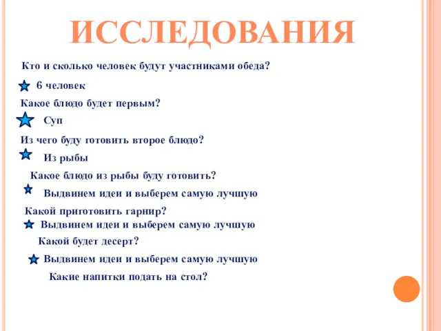 ИССЛЕДОВАНИЯ Кто и сколько человек будут участниками обеда? 6 человек