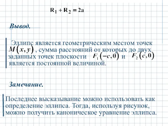 Вывод. Замечание. Последнее высказывание можно использовать как определение эллипса. Тогда,