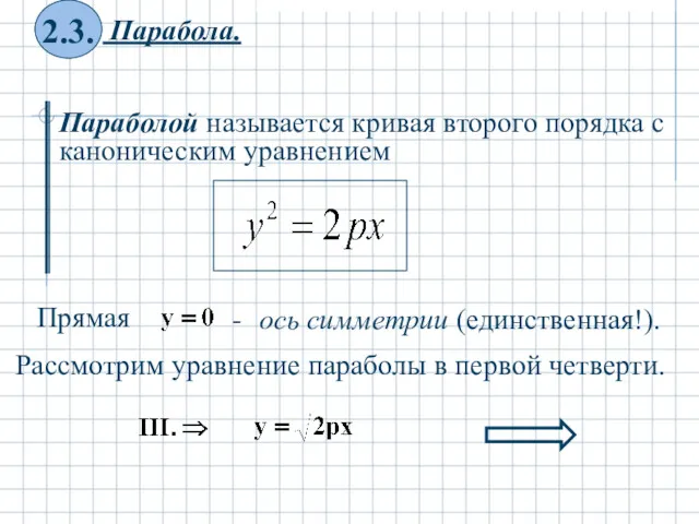 Параболой называется кривая второго порядка с каноническим уравнением Рассмотрим уравнение параболы в первой четверти.