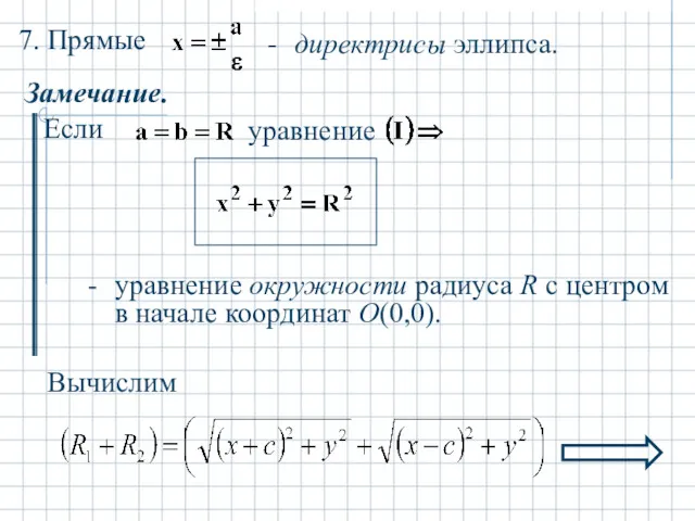 директрисы эллипса. Замечание. уравнение окружности радиуса R с центром в начале координат О(0,0). Вычислим