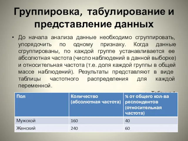 Группировка, табулирование и представление данных До начала анализа данные необходимо