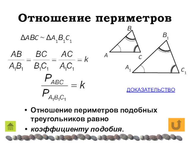 Отношение периметров Отношение периметров подобных треугольников равно коэффициенту подобия. ΔAΒC ~ ΔA1Β1C1 ДОКАЗАТЕЛЬСТВО