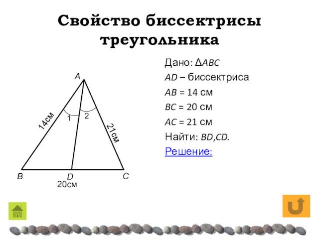 Свойство биссектрисы треугольника Дано: ΔABC AD – биссектриса AB = 14 см BC