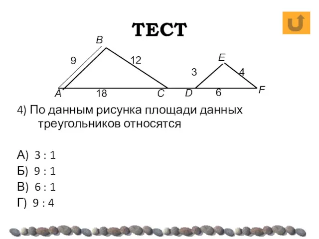 ТЕСТ 4) По данным рисунка площади данных треугольников относятся А) 3 : 1