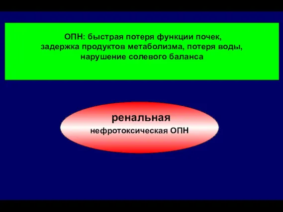 ОПН: быстрая потеря функции почек, задержка продуктов метаболизма, потеря воды, нарушение солевого баланса ренальная нефротоксическая ОПН