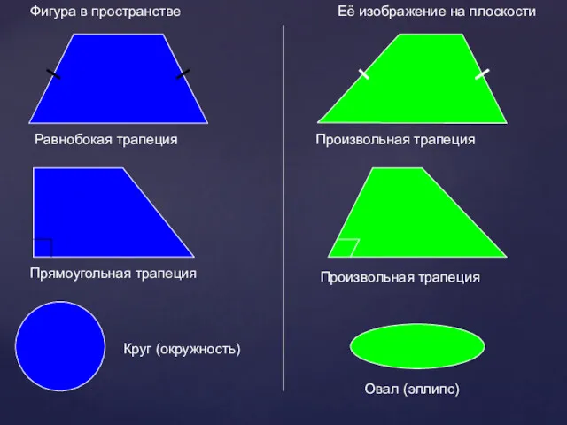 Фигура в пространстве Её изображение на плоскости Равнобокая трапеция Произвольная