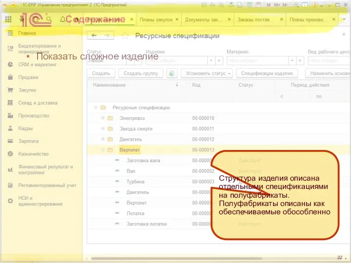 Содержание Показать сложное изделие Структура изделия описана отдельными спецификациями на полуфабрикаты. Полуфабрикаты описаны как обеспечиваемые обособленно