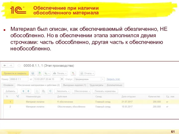 Обеспечение при наличии обособленного материала Материал был описан, как обеспечиваемый