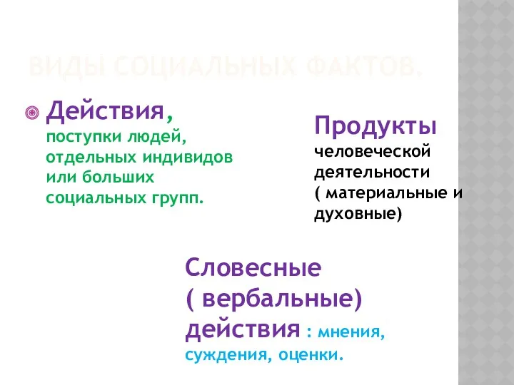 ВИДЫ СОЦИАЛЬНЫХ ФАКТОВ. Действия, поступки людей, отдельных индивидов или больших