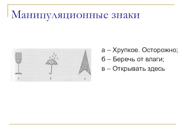 Манипуляционные знаки а – Хрупкое. Осторожно; б – Беречь от влаги; в – Открывать здесь