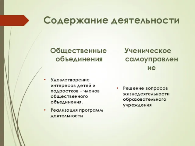 Содержание деятельности Общественные объединения Удовлетворение интересов детей и подростков –