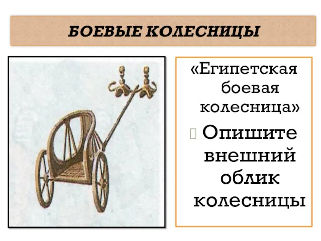 БОЕВЫЕ КОЛЕСНИЦЫ «Египетская боевая колесница» Опишите внешний облик колесницы