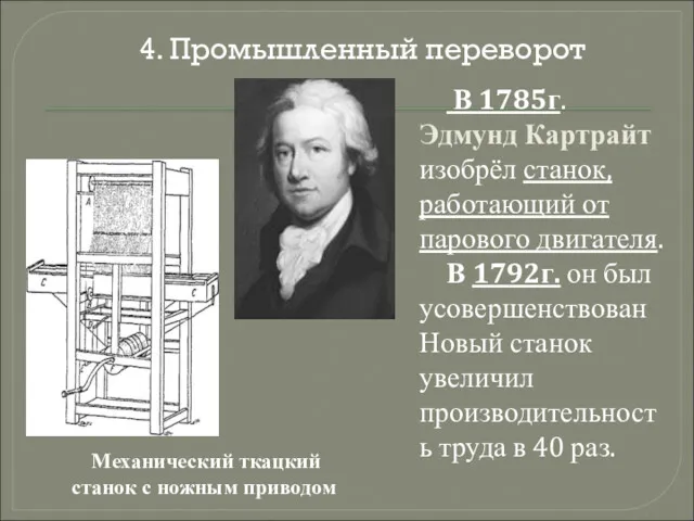 В 1785г. Эдмунд Картрайт изобрёл станок, работающий от парового двигателя.