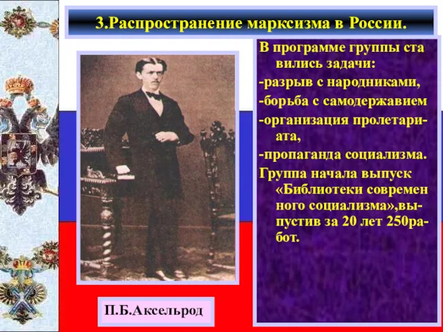 В программе группы ста вились задачи: -разрыв с народниками, -борьба