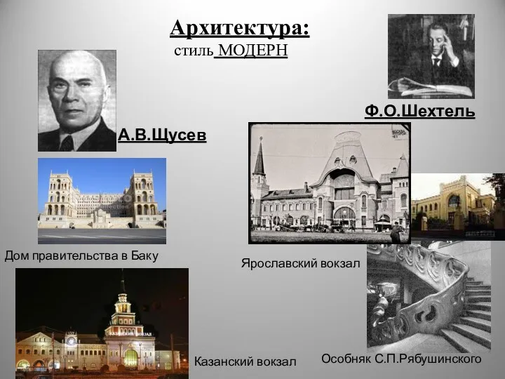 Архитектура: стиль МОДЕРН А.В.Щусев Ф.О.Шехтель Дом правительства в Баку Казанский вокзал Ярославский вокзал Особняк С.П.Рябушинского