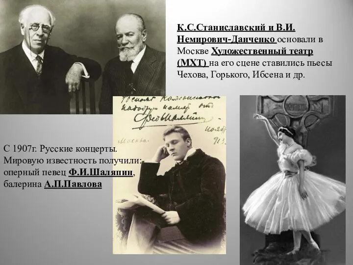 С 1907г. Русские концерты. Мировую известность получили: оперный певец Ф.И.Шаляпин, балерина А.П.Павлова К.С.Станиславский