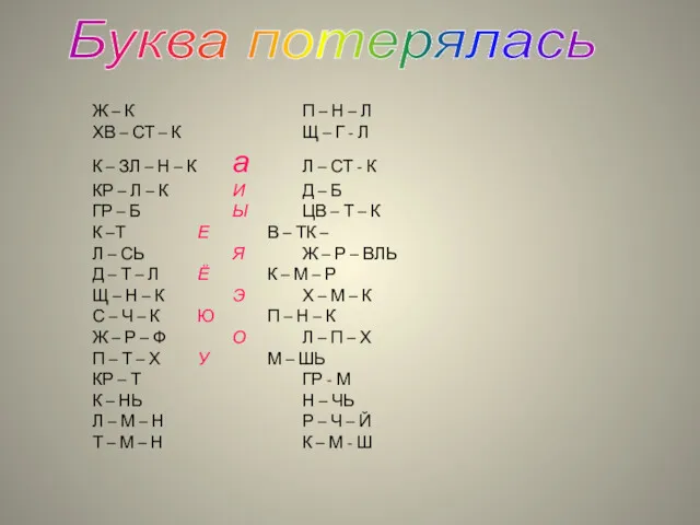 Буква потерялась Ж – К П – Н – Л ХВ – СТ