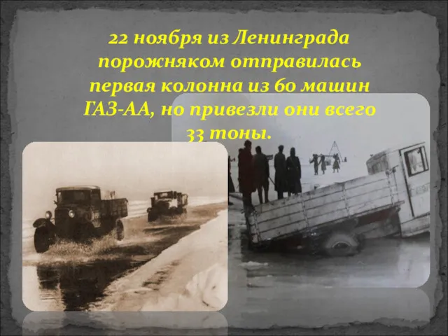 22 ноября из Ленинграда порожняком отправилась первая колонна из 60 машин ГАЗ-АА, но