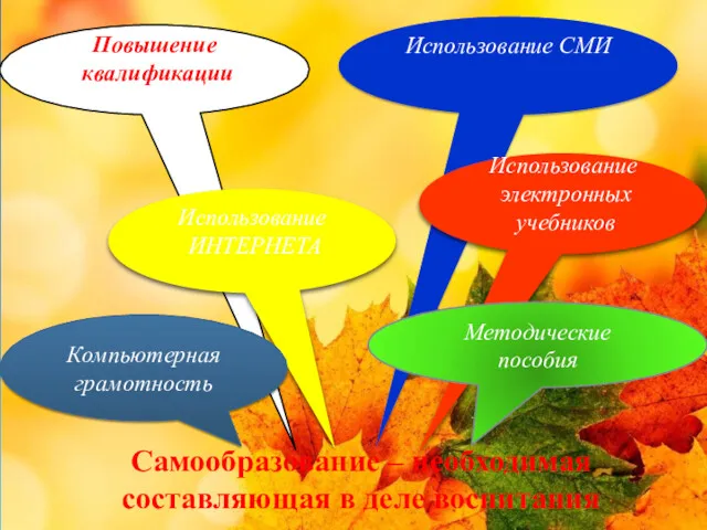 Повышение квалификации Использование ИНТЕРНЕТА Компьютерная грамотность Использование СМИ Использование электронных