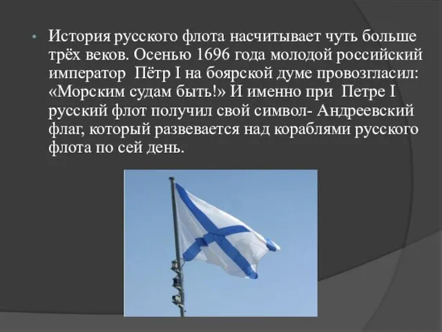 История русского флота насчитывает чуть больше трёх веков. Осенью 1696