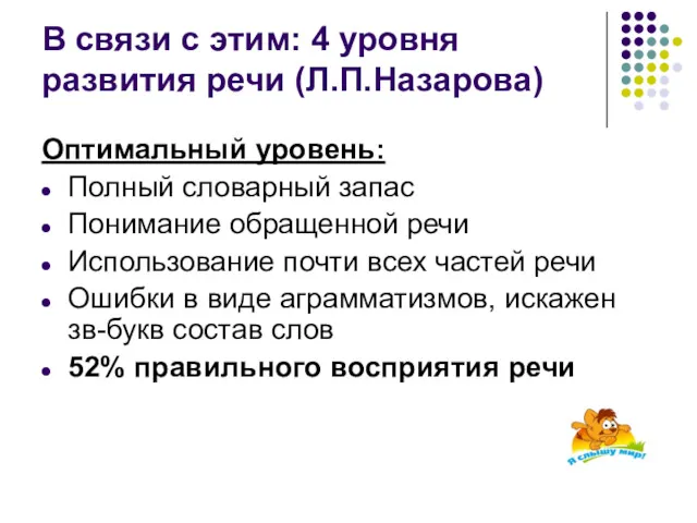 В связи с этим: 4 уровня развития речи (Л.П.Назарова) Оптимальный