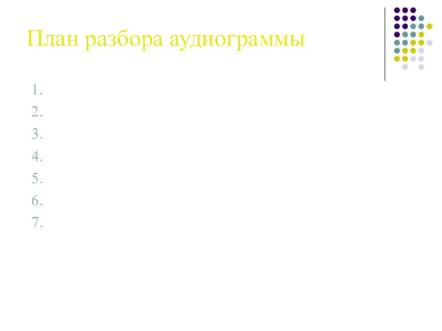 План разбора аудиограммы Объем воспринимаемых частот (Гц) Интенсивность восприятия (дБ)